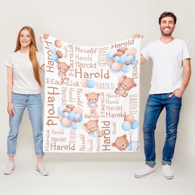 Personalised boys name teddy bear with balloons   fleece blanket (In Situ)