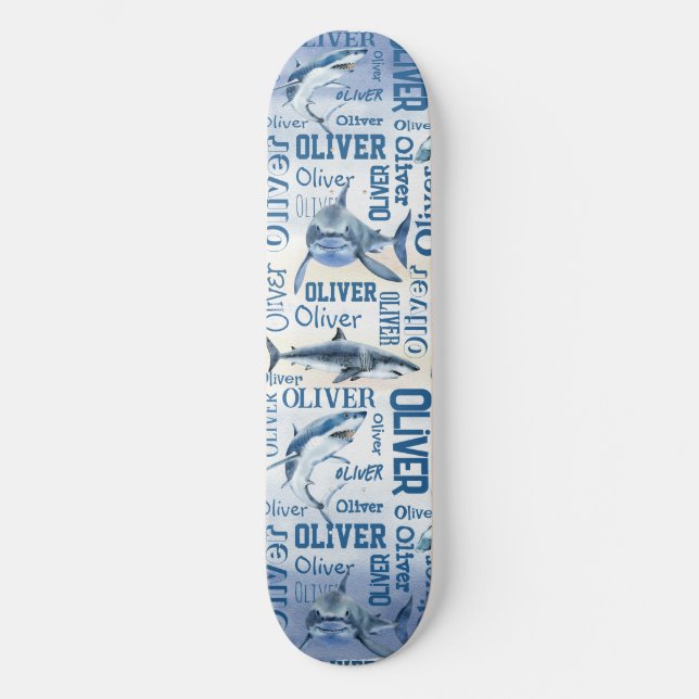 Personalised boys name with sharks collage  skateboard (Front)