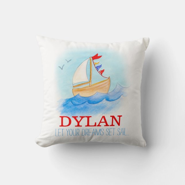 Personalised boys nursery sailing boat name pillow (Front)