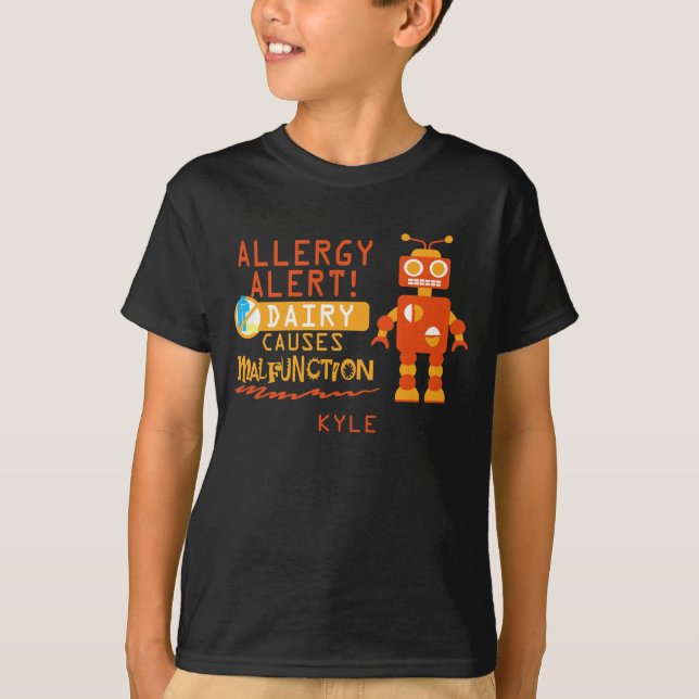 Personalised Boys Orange Robot Dairy Allergy Alert T-Shirt (Front)