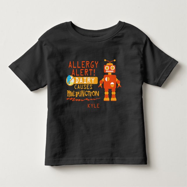 Personalised Boys Orange Robot Dairy Allergy Alert Toddler T-Shirt (Front)