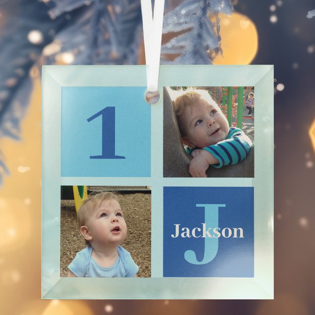 Personalised Boys Photo Collage Blue Christmas Glass Tree Decoration (Creator Uploaded)