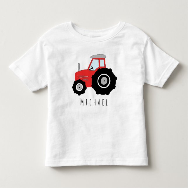 Personalised Boy's Red Farmer's Tractor with Name Toddler T-Shirt (Front)