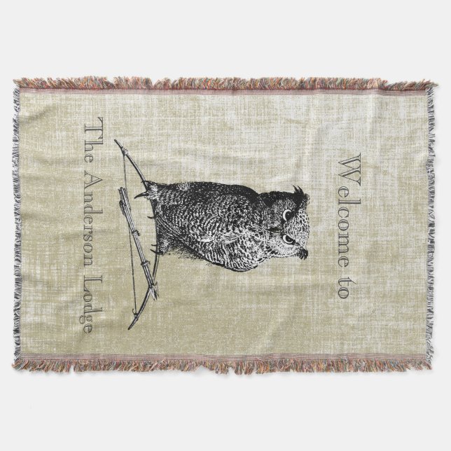 Personalised Boy's Room Vintage Owl Throw Blanket (Front)