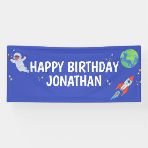 Personalised Boys Space Birthday Blue White Banner