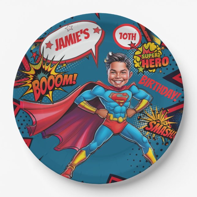 Personalised Boys’ Superhero Caricature  Paper Plate (Front)