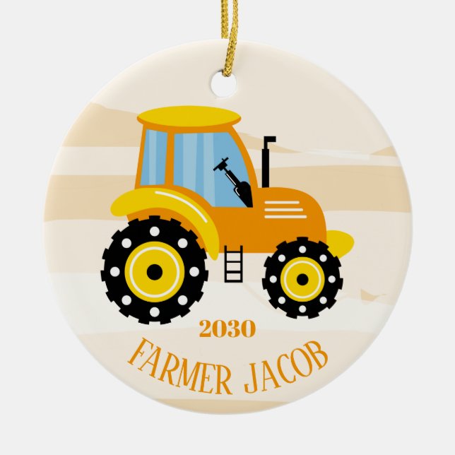 Personalised Boys Yellow Tractor Christmas   Ceramic Ornament (Front)