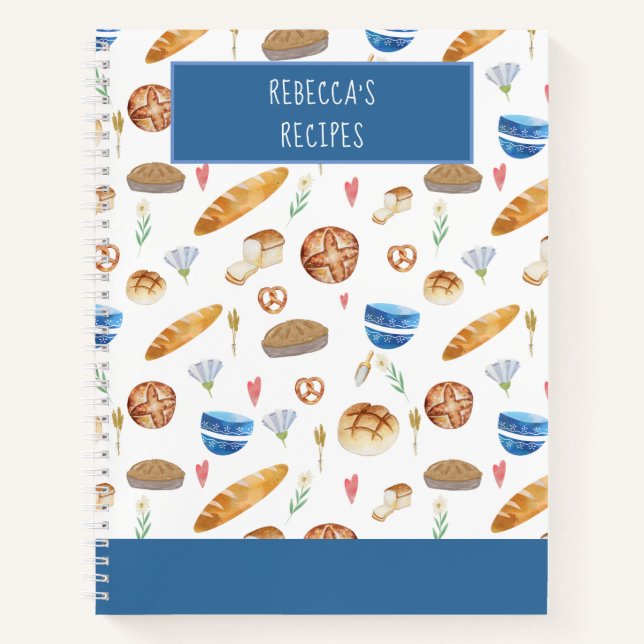 Personalised Bread & Bakery Watercolor Pattern Notebook (Front)