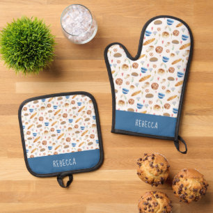 Personalised Bread & Bakery Watercolor Pattern Oven Mitt & Pot Holder Set