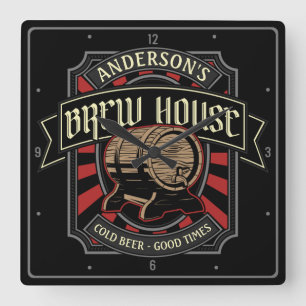 Personalised Brew House Label Beer Brewing Bar Pub Square Wall Clock