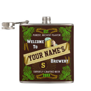 Personalised Brewery Welcome: Hops Barley Beer Hip Flask