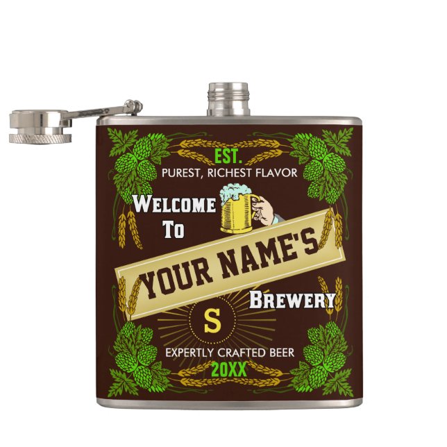 Personalised Brewery Welcome: Hops Barley Beer Hip Flask (Opened)