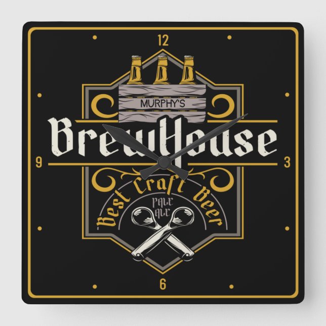 Personalised BrewHouse Best Craft Beer Ale Bar Square Wall Clock (Front)