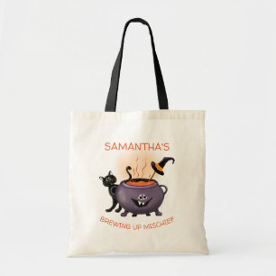 Personalised Brewing Up Mischief Cat Halloween Tote Bag