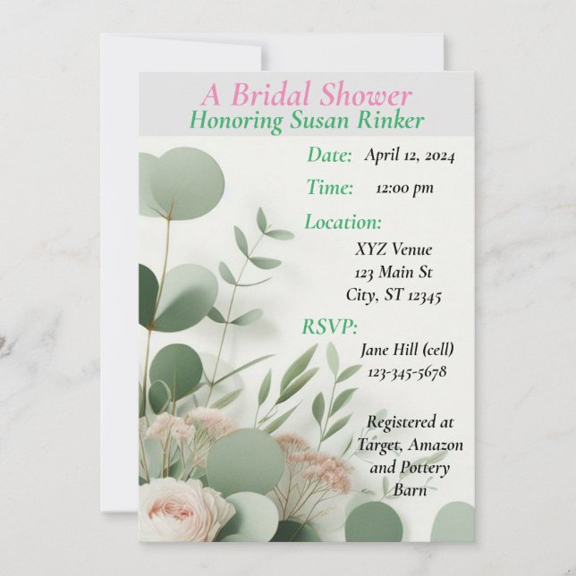 Personalised Bridal Shower, Floral Invitation (Front)
