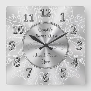 Personalised Bridal Shower Gifts, Silver Grey Square Wall Clock