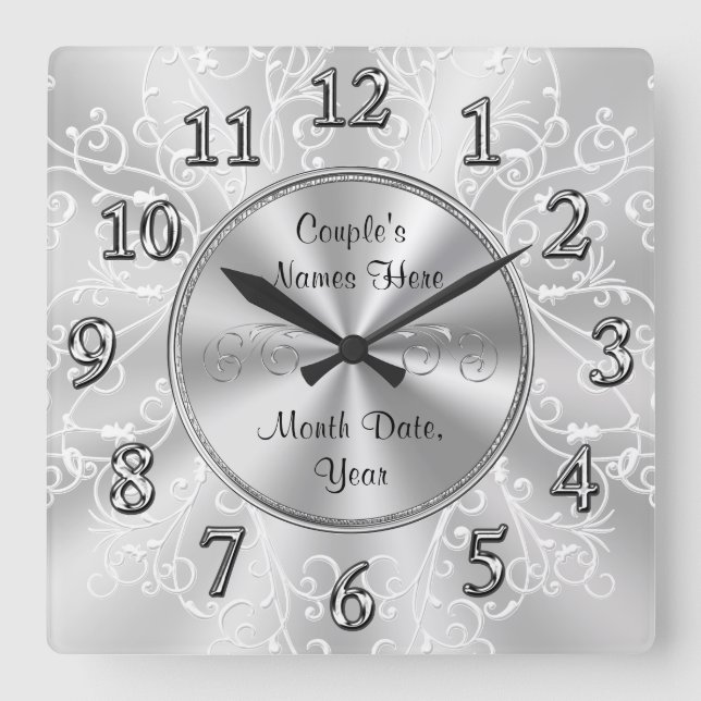 Personalised Bridal Shower Gifts, Silver Grey Square Wall Clock (Front)
