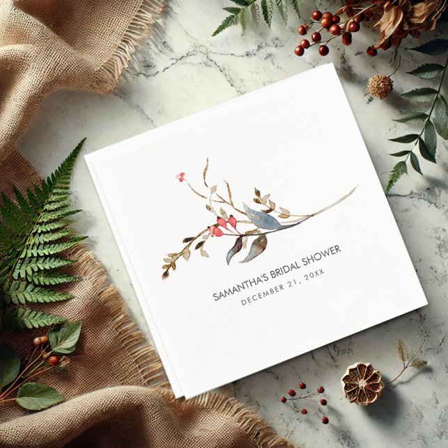 Personalised Bridal Shower Napkins Decorative (Rustic cocktail napkins watercolor twigs and berries personalized)