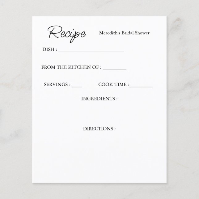 Personalised Bridal Shower Recipe Card (Front)