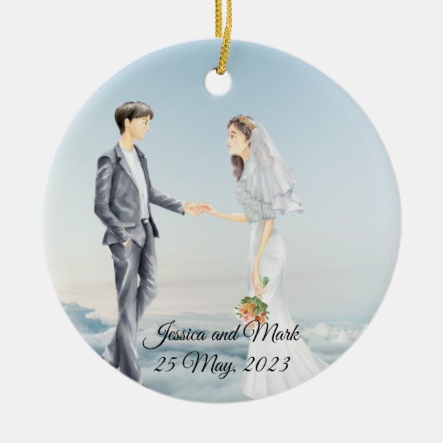 Personalised Bride and Groom on the Clouds Wedding Ceramic Ornament (Front)