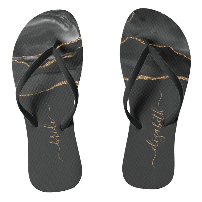 Personalised Bride Black Gold Agate Wedding Thongs (Footbed)