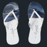 Personalised Bride Blue Gold Agate Wedding Thongs<br><div class="desc">A navy blue watercolor agate design trimmed with gold faux glitter decorates the front portion of these flip flops. Personalise them with elegant charcoal grey handwriting script on a white background for the bride or any other member of the wedding party. Ideal for a bachelorette party, bridal shower or beach...</div>