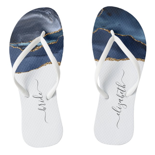 Personalised Bride Blue Gold Agate Wedding Thongs (Footbed)
