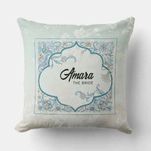 Personalised Bride Cushion Blue Arabesque Floral