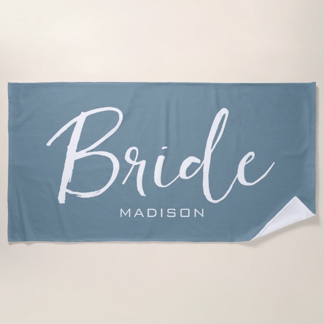 Personalised Bride Dusty Blue White Script Wedding Beach Towel (Front)