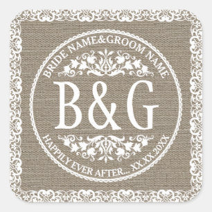 Personalised Bride&Groom Burlap&Lace Square Sticker
