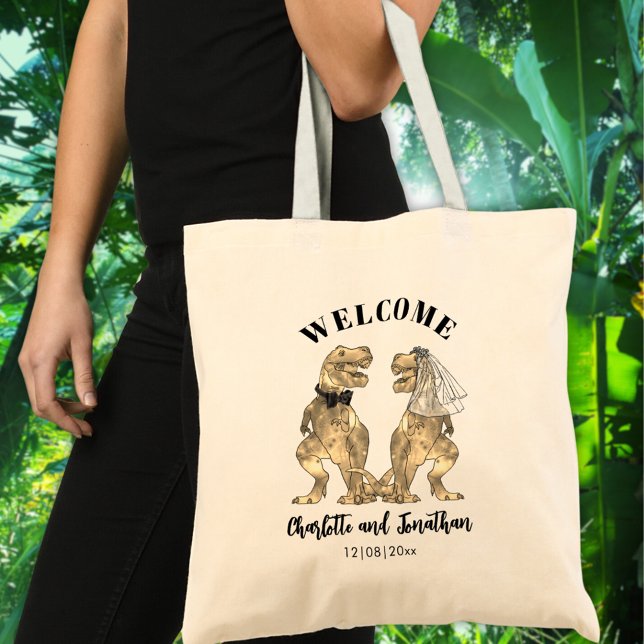 Personalised Bride & Groom Dinosaur Wedding Tote Bag (Dinosaur themed wedding welcome favor tote with funny T-Rex bride and groom)