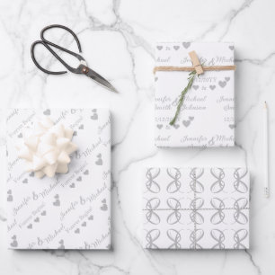 Personalised Bride, Groom Silver Hearts Couple Wrapping Paper Sheet