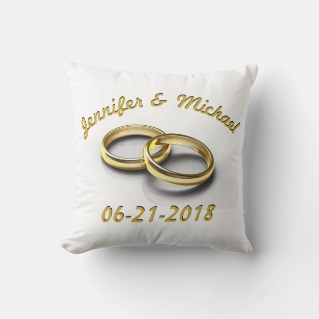 Personalised Bride & Groom Wedding Date Gold Rings Cushion (Front)