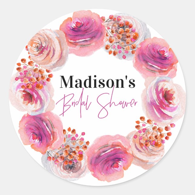 Personalised Bride Name Bridal Shower Pink Floral Classic Round Sticker (Front)