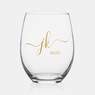 Personalised Bride Name Gold Script Monogram Stemless Wine Glass
