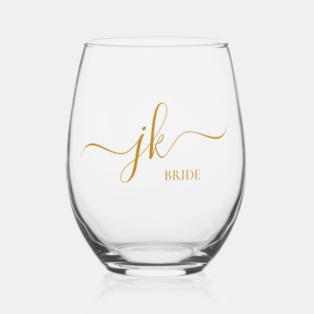 Personalised Bride Name Gold Script Monogram Stemless Wine Glass (Front)