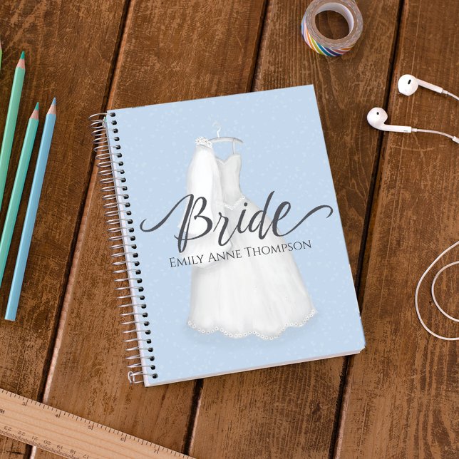 Personalised Bride Wedding Dress Planning Custom Planner (Personalized bride notebook with elegant wedding dress illustration and custom name.)