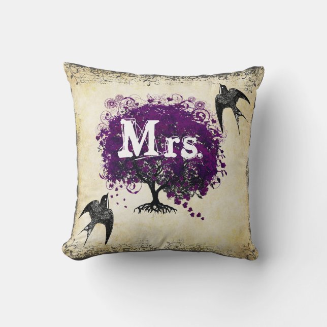 Personalised Brides Purple Heart Leaf Tree Mrs. Cushion (Front)