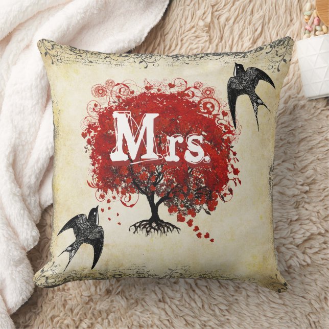 Personalised Brides Red Heart Leaf Tree Mrs. Cushion (Blanket)