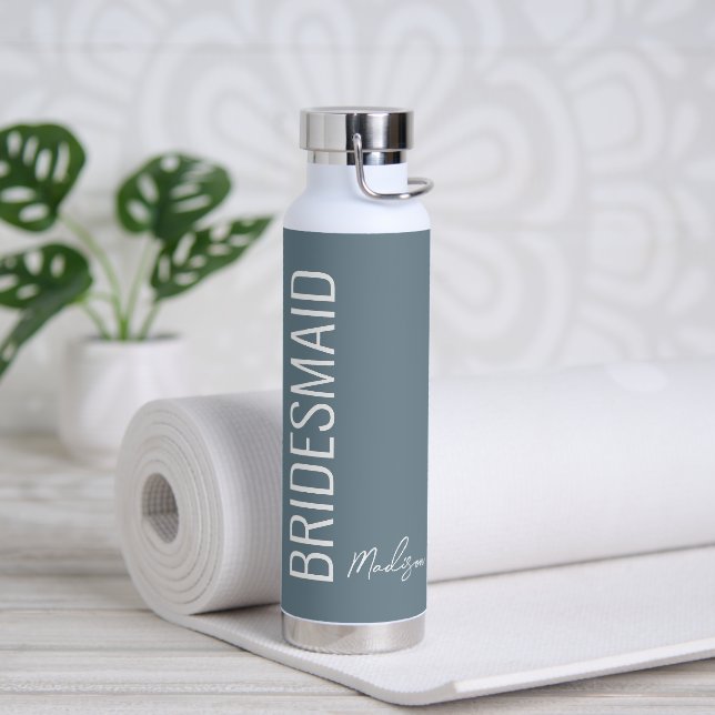 Personalised Bridesmaid Dusty Blue White Script Water Bottle (Yoga)