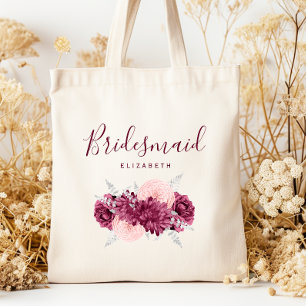 Personalised Bridesmaid Floral Burgundy Blush Tote Bag