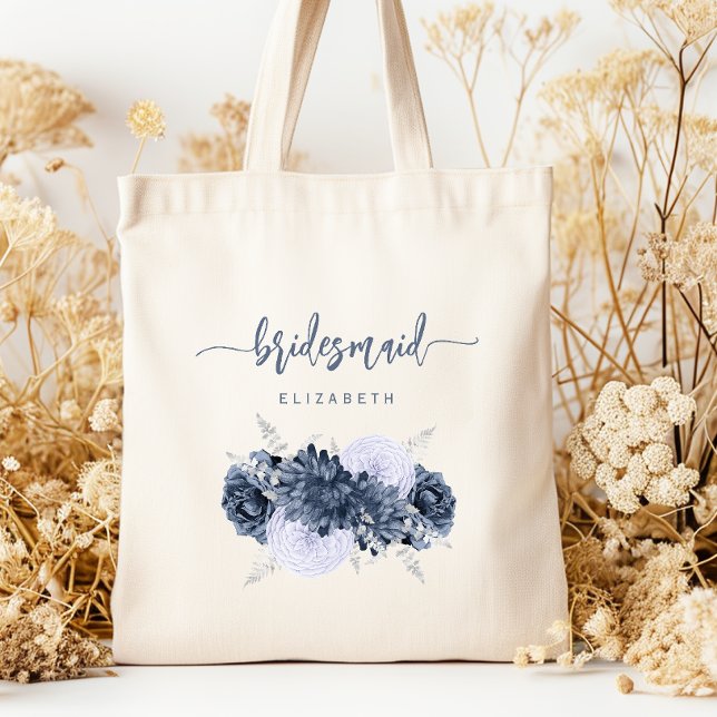 Personalised Bridesmaid Floral Dusty Blue Script Tote Bag (Creator Uploaded)