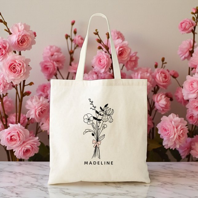 Personalised Bridesmaid Gift Floral Pink Bow  Tote Bag (Creator Uploaded)