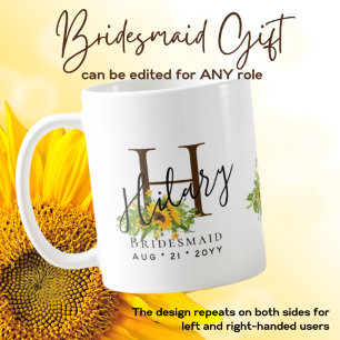 Personalised Bridesmaid Initial Name SUNFLOWERS  Coffee Mug