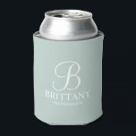 Personalised Bridesmaid Monogram and Name Can Cooler<br><div class="desc">Personalised Bridesmaid Gifts
featuring personalised monogram in white elegant script font style with bridesmaid's name and title in classic serif font style on sage green background.

Also perfect for Maid of Honour,  Flower Girl,  Mother of the Bride and more.</div>