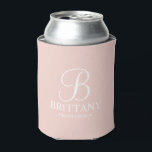 Personalised Bridesmaid Monogram and Name Can Cooler<br><div class="desc">Personalised Bridesmaid Gifts
featuring personalised monogram in white elegant script font style with bridesmaid's name and title in classic serif font style on blush pink background.

Also perfect for Maid of Honour,  Flower Girl,  Mother of the Bride and more.</div>