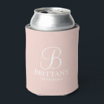 Personalised Bridesmaid Monogram and Name Can Cooler<br><div class="desc">Personalised Bridesmaid Gifts
featuring personalised monogram in white elegant script font style with bridesmaid's name and title in classic serif font style on blush pink background.

Also perfect for Maid of Honour,  Flower Girl,  Mother of the Bride and more.</div>