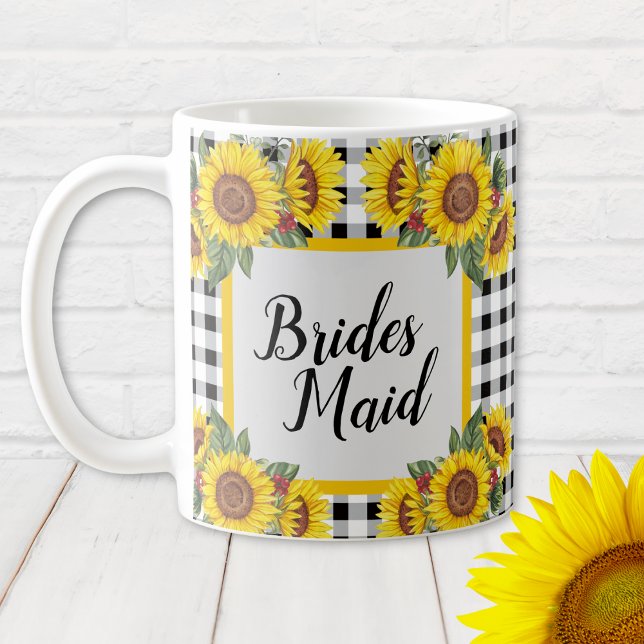 Personalised Bridesmaid Mug Gingham & Sunflowers (Bridesmaid personalized Sunflowers and Gingham Bridal Shower Gift Mug)
