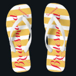 Personalised Bridesmaid Pinkish Red Misty Yellow Thongs<br><div class="desc">Flame Scarlet Pinkish Red Font and Misted Yellow and White Stripes Pattern - Change Misted Yellow and Reddish Pink to Any Colour by clicking customise. Furthermore say anything you want! Anything at all! Make these one of a kind flip flops that have YOUR message on them. Be the talk of...</div>