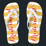 Personalised Bridesmaid Pinkish Red Misty Yellow Thongs<br><div class="desc">Flame Scarlet Pinkish Red Font and Misted Yellow and White Stripes Pattern - Change Misted Yellow and Reddish Pink to Any Colour by clicking customise. Furthermore say anything you want! Anything at all! Make these one of a kind flip flops that have YOUR message on them. Be the talk of...</div>